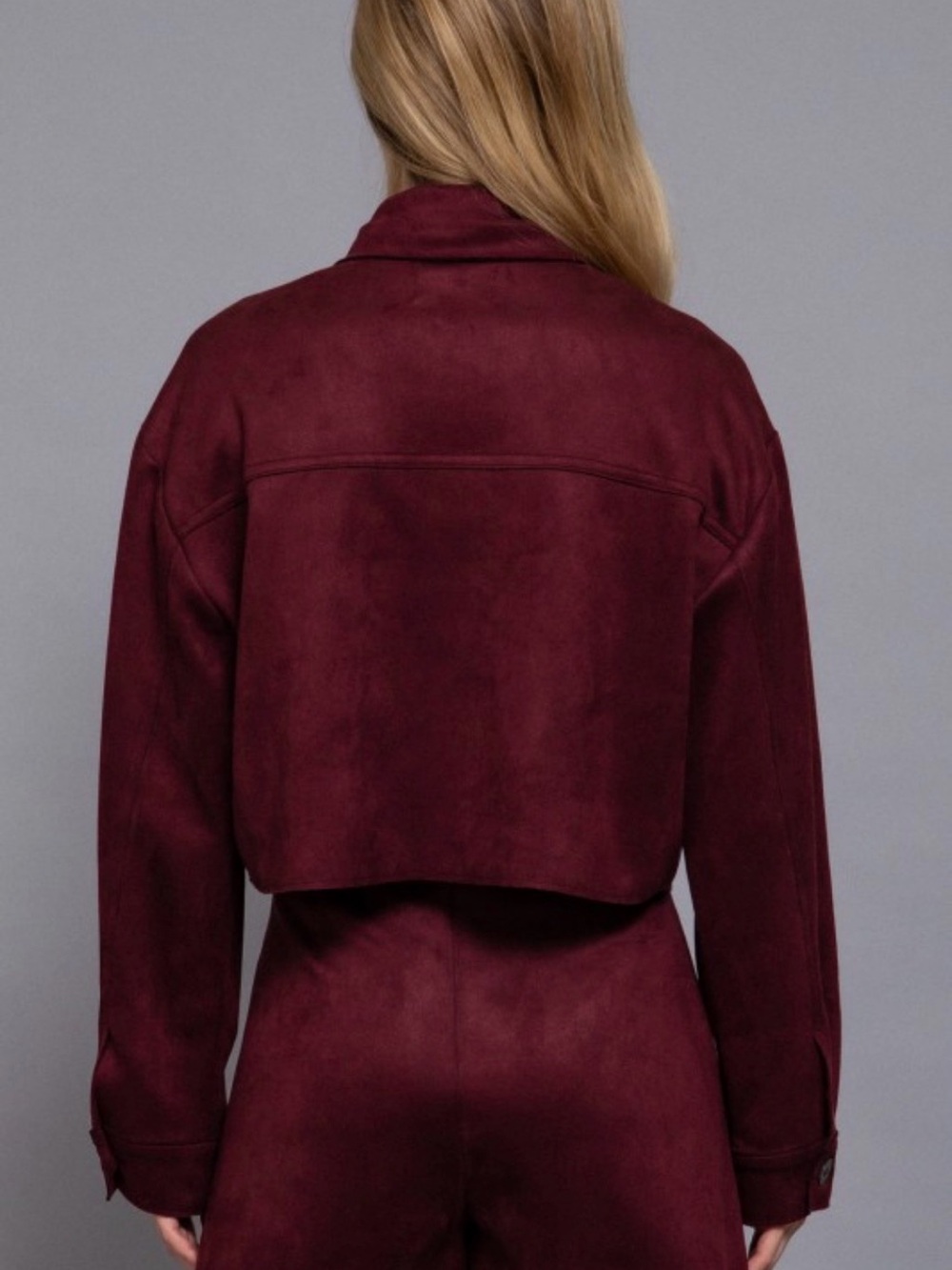 Women’s Burgundy Suede-Look Cropped Jacket - Picture 2 of 3